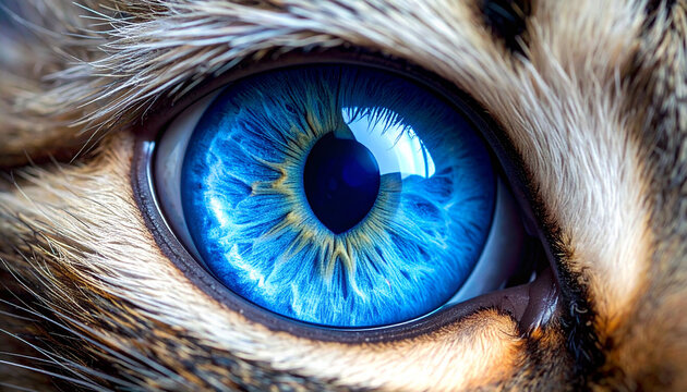 Extreme close-up of a vibrant blue cat eye with detailed iris and fur