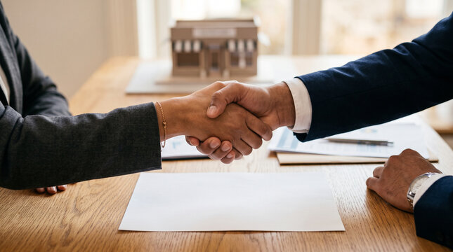 Hands shaking over a blank franchise agreement &mdash; entrepreneurship and business partnership deal concept.