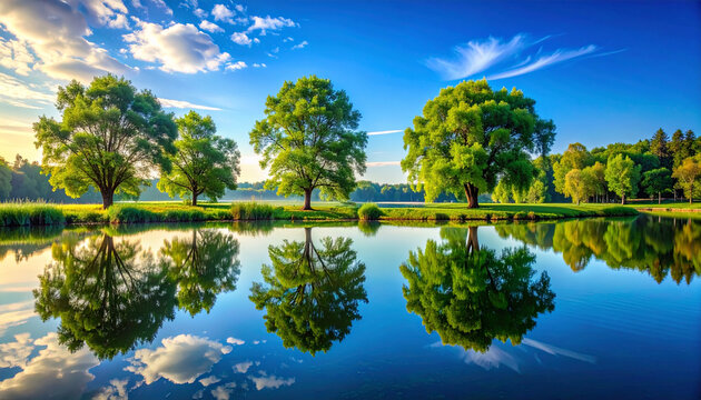 Lush green trees reflecting in calm lake water under blue sky