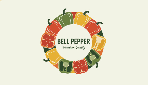 Round frame logo composition decorated with colorful whole and sliced bell peppers on a warm cream background.