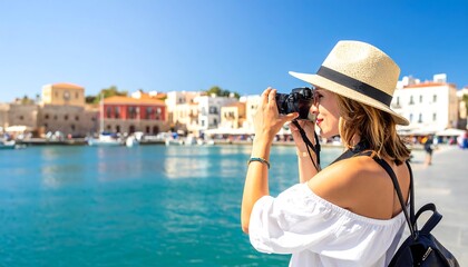 Obraz premium A woman in a white shirt and straw hat taking a photo of a picturesque waterfront town