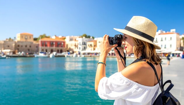 A woman in a white shirt and straw hat taking a photo of a picturesque waterfront town