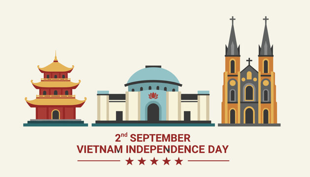 Stylized graphic illustration of Vietnam landmarks for independence day holiday celebration on second of september.