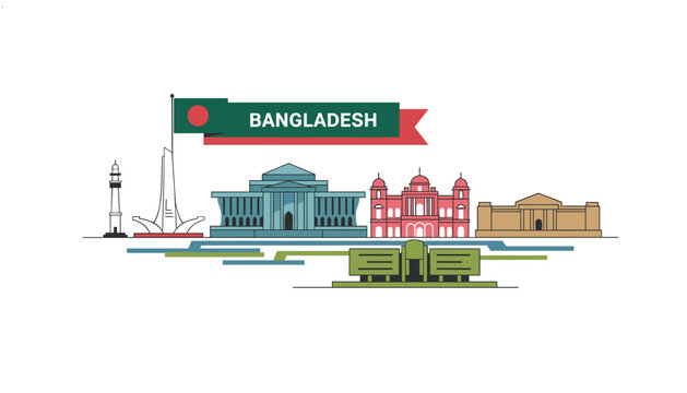 Skyline banner of Bangladesh featuring historic and modern architectural monuments along with the national flag.
