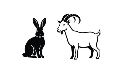 Naklejka premium Contrast vector illustration of a solid black rabbit silhouette sitting next to a white goat with curved horns.