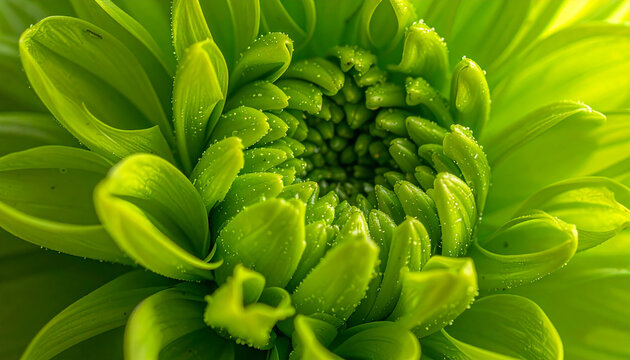 Extreme close-up macro photography of a vibrant green chrysanthemum flower