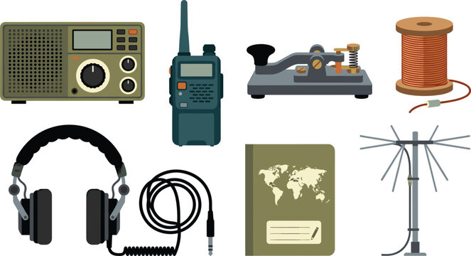 Amateur Ham Radio Hobby Equipment Vector Icon Set Featuring Transceiver Walkie Talkie Morse Code Key Antenna and Headphones