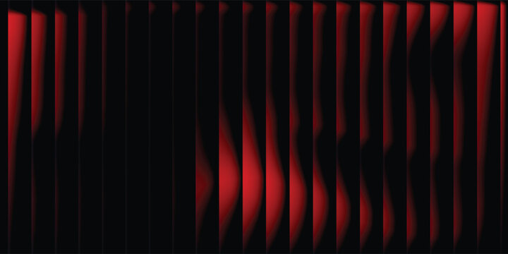 Abstract background of red gradient in dark, shiny liquid with striped effect. Refraction of wavy striped glass.