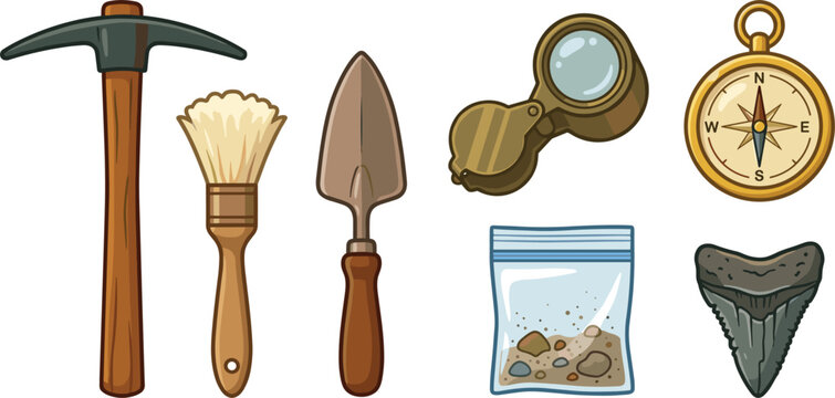 Archaeology and Fossil Foraging Equipment Vector Icon Set with Pickaxe Brush Trowel Loupe Compass Sample Bag and Shark Tooth