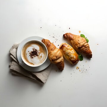 Cup of coffee and croissants on a white table top with napkin