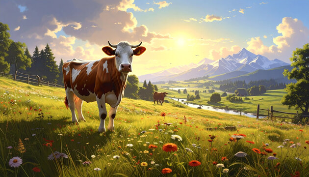Brown and white cow standing in a sunny meadow with mountains