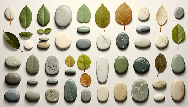Collection of smooth stones and fresh green leaves on white background