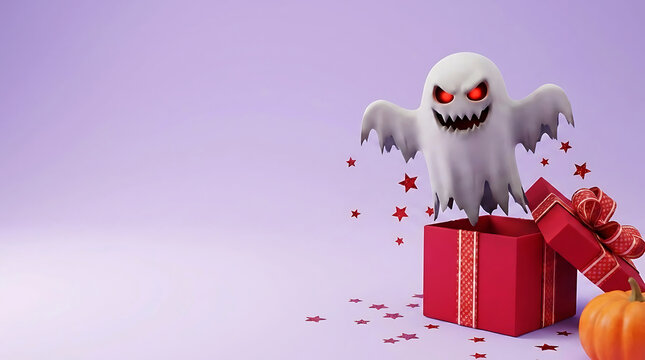 Angry halloween ghost with red eyes popping out of a red gift box with flying stars and small pumpkin.