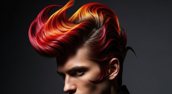 close-up portrait of a man with an avant-garde pompadour hairstyle dyed in fiery red and orange