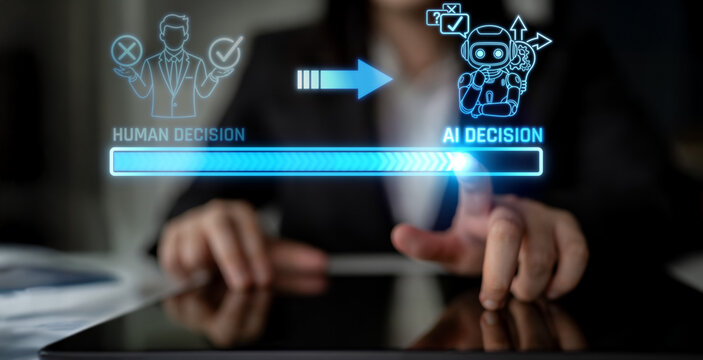 Human versus AI Decision-Making Process in Modern Business Environment with Visual Representation of Choices and Technology Integration. Liminal.
