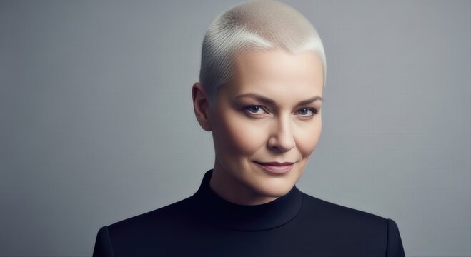 portrait of a woman with a platinum blonde buzz cut hairstyle on a grey backdrop