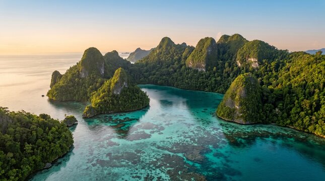 Tropical Paradise Archipelago: A stunning aerial view captures a pristine tropical archipelago, with lush green islands rising from crystal-clear turquoise waters.