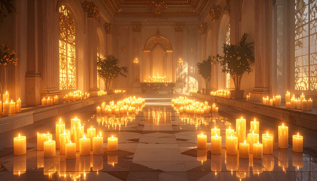 Grand hall illuminated by numerous candles luxurious interior golden light