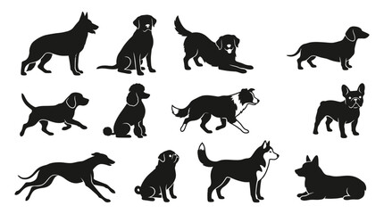 Dog Breed Silhouettes Collection Black Shapes On White Background © SHAMIM