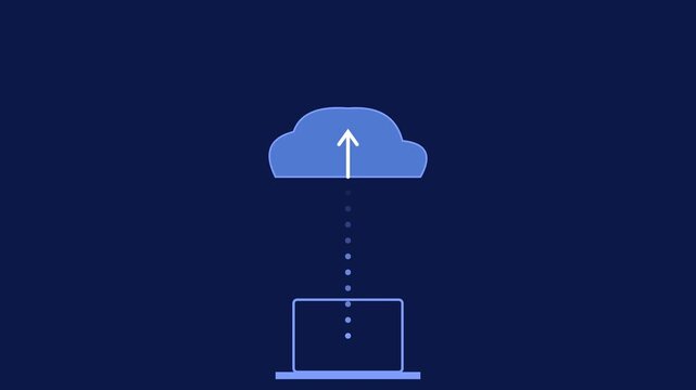 Laptop uploading data to cloud computing network animation 4k