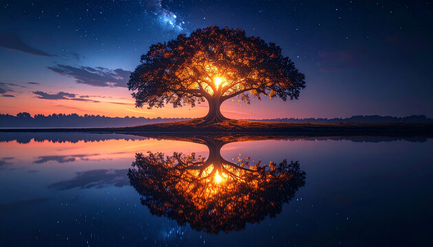 Majestic tree at sunset reflecting in calm water under starry sky