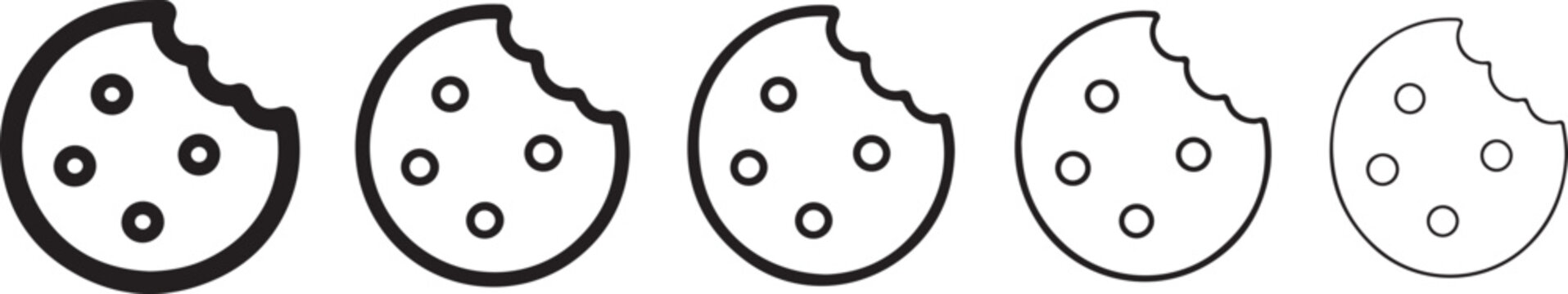 Five illustrations of round cookies with a bite taken out of each rendered as black line art on a white
