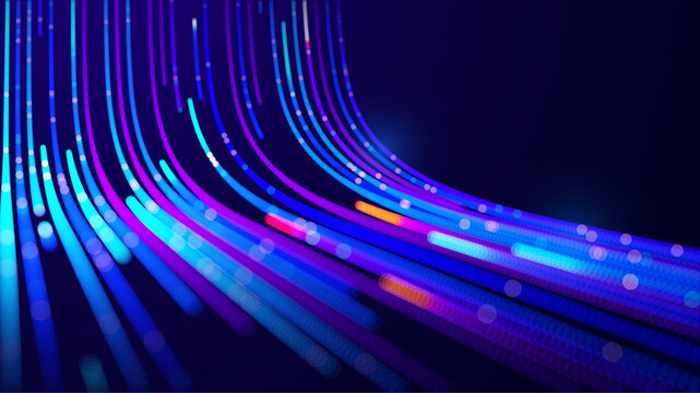 Abstract AI data streams glowing neural lines on dark background. Futuristic visualization for artificial intelligence, machine learning and AI agents. Data luminous particle connections of AI systems