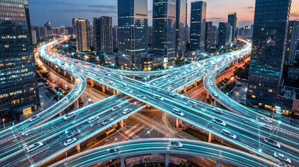 Fototapeta premium Aerial view of an elevated highway intersection through a modern city skyline at twilight dusk