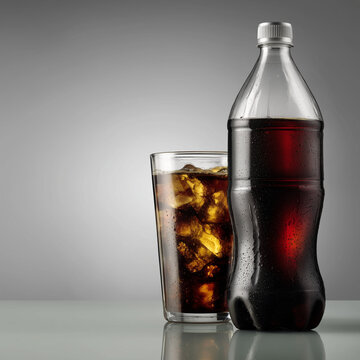 Glas Cola mit Eisw&uuml;rfeln neben einer PET-Flasche auf neutralem Hintergrund. Erfrischendes Getr&auml;nkemotiv f&uuml;r Softdrinks, Gastronomie, Sommer, Werbung und Konsum.