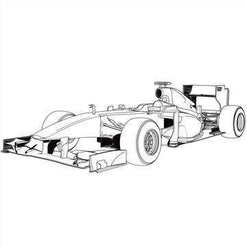 Ausmalvorlage eines Formelrennwagens als Strichzeichnung. Detaillierte Illustration f&uuml;r Kinder, Motorsportfans, Malb&uuml;cher, Schule, Basteln und kreative DIY-Projekte.