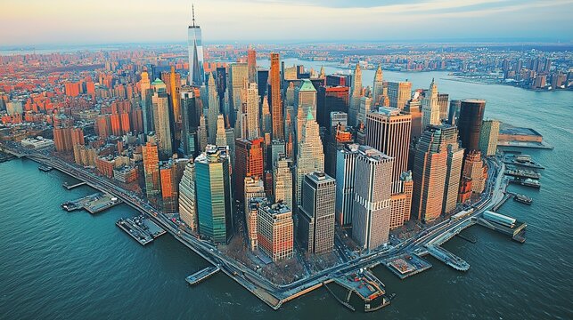 A breathtaking view captures the essence of New York City as the sun sets. The skyline glows with vibrant colors, showcasing towering buildings by the river, reflecting the city's energy