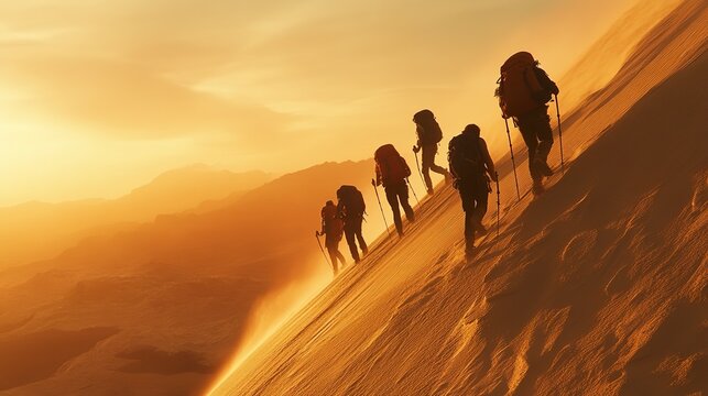 A group of six explorers climbs a steep sand dune during a stunning sunset. The warm golden light highlights their silhouettes as they enjoy the thrill of adventure in the desert