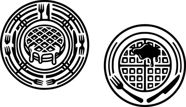 Waffle round badge and emblem logo set with fork knife and decorative circular border in outline and solid black styles, a vintage vector illustration perfect for bakery branding, cafe menu, and food 