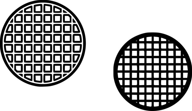 Round drain cover and mesh grid circle icon set in outline and solid black styles, a clean vector illustration perfect for mosquito breeding prevention, sanitation, plumbing, and pest control awarenes