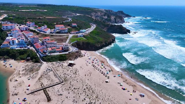 Aerial view of Praia de Odeceixe, in the Municipality of Aljezur, Algarve, Portugal