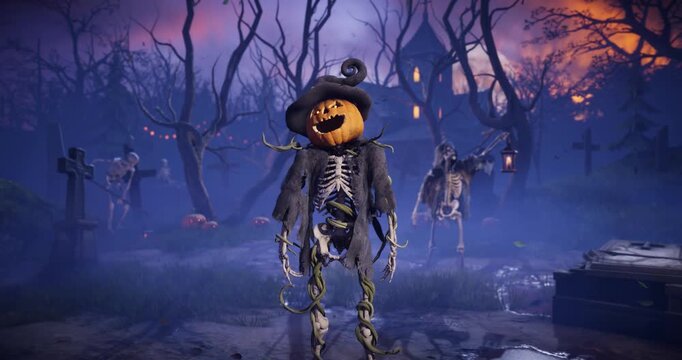Halloween pumpkin head skeleton talking and gesturing in spooky night cemetery with haunted house. Humorous talking jack o lantern character in foggy graveyard. Funny 3D animation. 