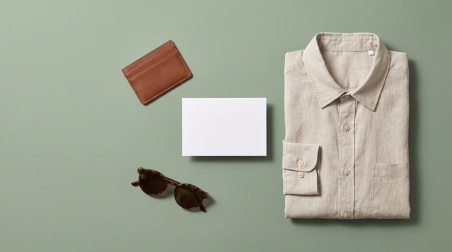 blank white paper card folded linen shirt sunglasses and brown wallet