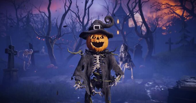 Halloween pumpkin head skeleton talking and gesturing in spooky night cemetery with haunted house. Humorous talking jack o lantern character in foggy graveyard. Funny 3D animation. 