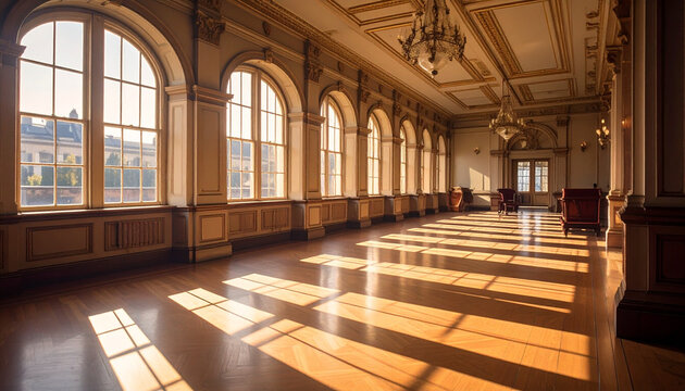 Grand Hall Interior with Arched Windows and Sunlight Rays
