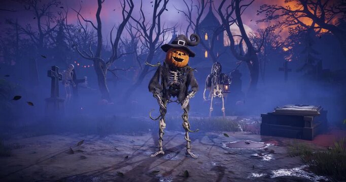 Halloween pumpkin head skeleton talking and gesturing in spooky night cemetery with haunted house. Humorous talking jack o lantern character in foggy graveyard. Funny 3D animation. 