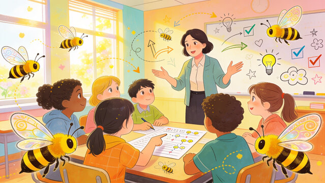 Teacher with children in classroom learning about bees and nature illustration
