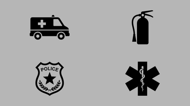 Emergency services icons including ambulance police badge and fire extinguisher on gray