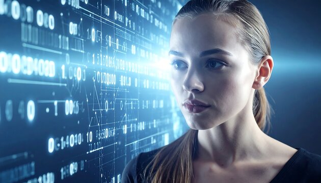 A woman with fair skin and blonde hair pulled back into a ponytail looks to the left with a neutral expression, standing in front of a futuristic digital display