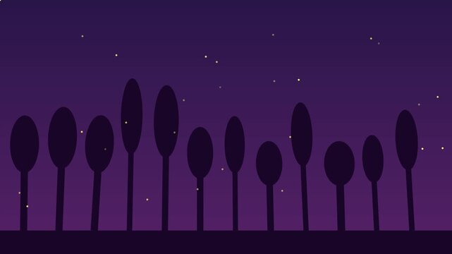 Night forest silhouette with glowing fireflies animated background, magical dark woodland scene with floating particles and purple animation 4k