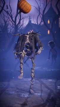 3D animation of funny Halloween skeleton juggling a pumpkin like a soccer ball that lands on his neck as a head in spooky night cemetery. Humorous horror character in foggy graveyard.