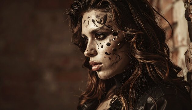 A woman with a painted face, showcasing a Halloween-inspired design