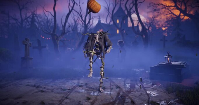 3D animation of funny Halloween skeleton juggling a pumpkin like a soccer ball that lands on his neck as a head in spooky night cemetery. Humorous horror character in foggy graveyard.