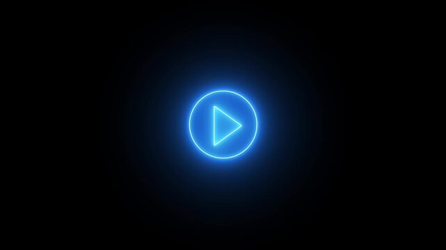 Glowing blue color play button on black background. Play right navigate triangle arrow start button. Neon glowing play button with neon circle on animated background.