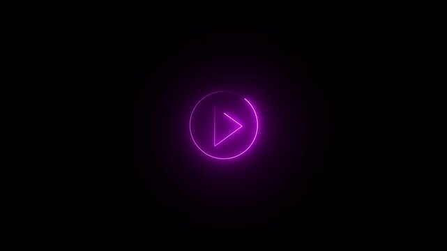 Glowing blue color play button on black background. Play right navigate triangle arrow start button. Neon glowing play button with neon circle on animated background.