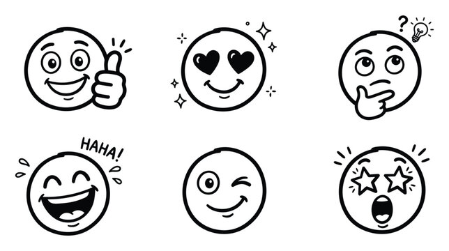 Expressive Social Media Avatars Vector Doodle Icon Set: Hand Drawn Minimalist Chat Reaction Faces Featuring Grinning Like, Sparkle Love, Idea Thinker, Crying Laugh, Wink and Shocked Star Eyes